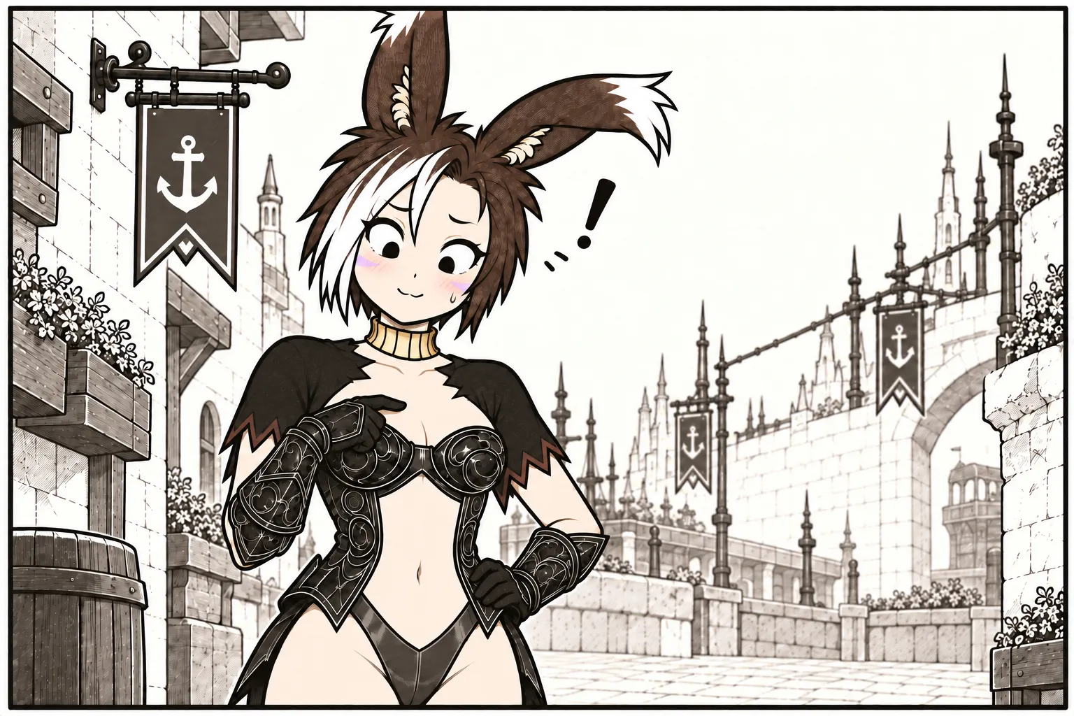 自分の服装に気づき、少し照れながら指を差すサラ